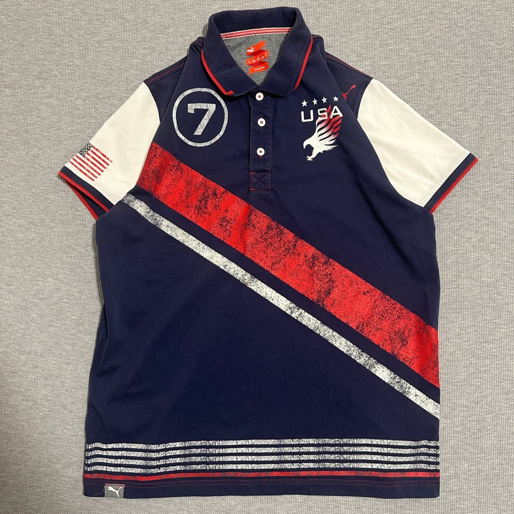 Puma USA Eagle Number 7 Graphic Polo Shirt‎ Navy Red White Double Sided XL
